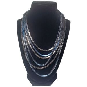 Multi Strand Bib Necklace Silvertone & Bluetone Metal Box Link Chain Circa Y2k